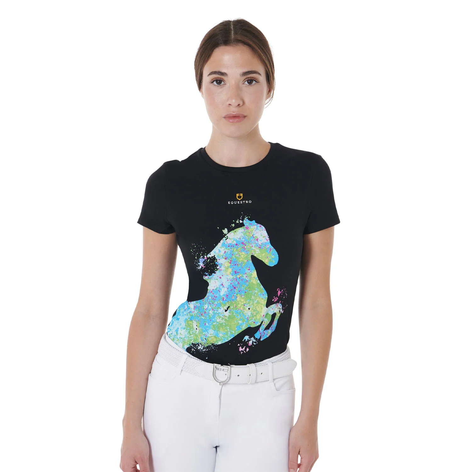 Equestro Women's Slim Fit T-Shirt With Abstract Horse Print